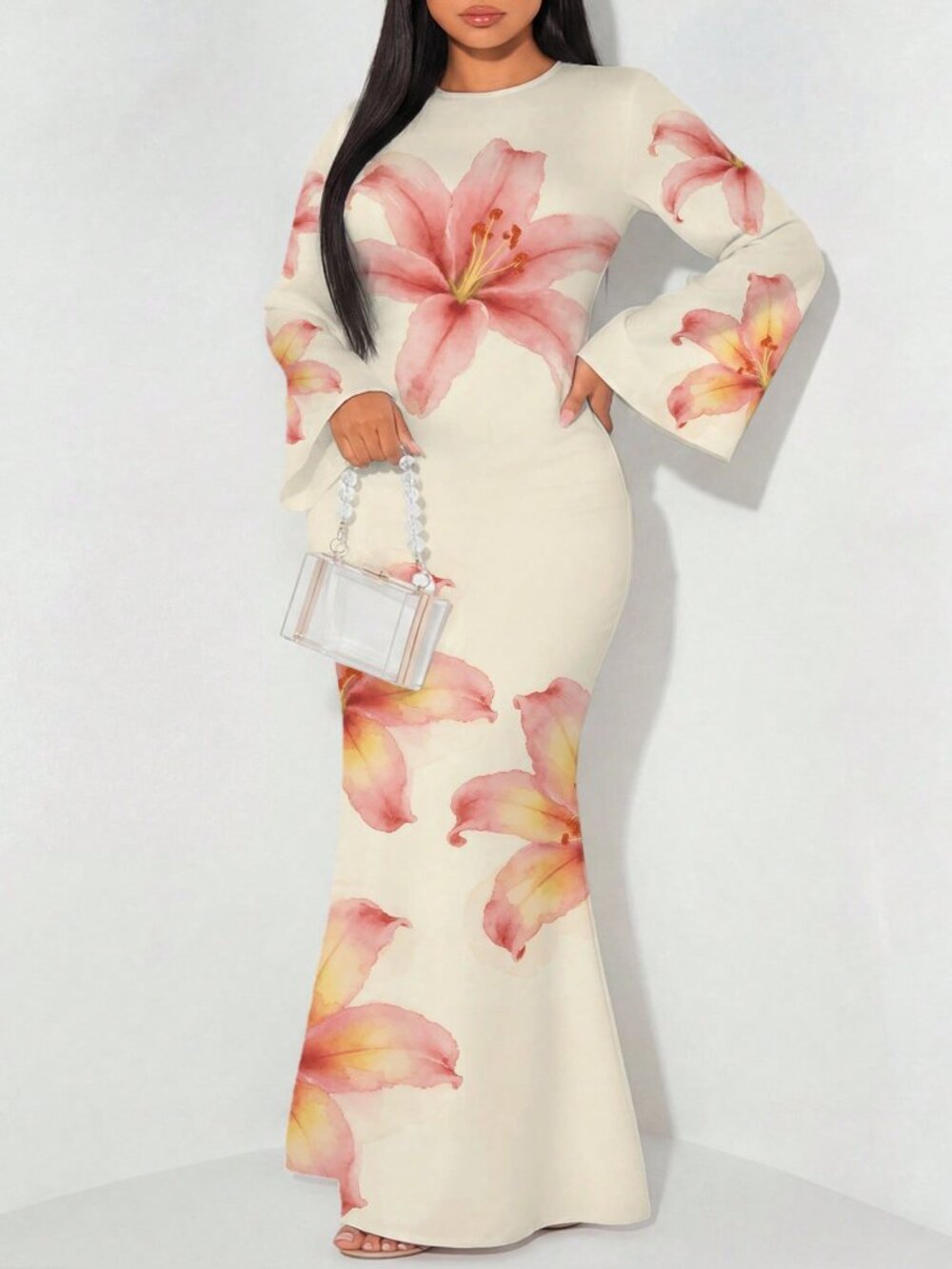 White Elegant Women's Plus Size Long Sleeve Back Tie Waist Fishtail Hem Dress